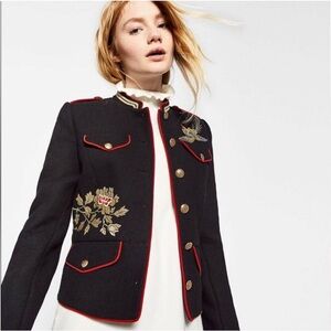 NWT Zara Trafaluc Black Embroidered Military Jacket, M